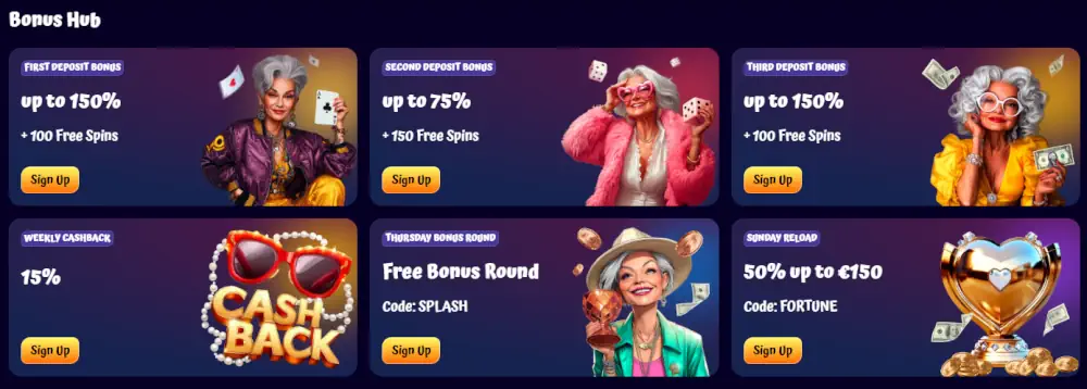 "Centro de Bonos Spin Granny con ofertas de bienvenida y bonos de recarga en múltiples niveles"